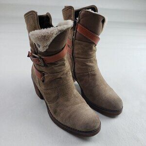 Manas Suede Ankle Boot Womens 6 EU 37 Brown Sherpa Lined Side Zip Strappy Winter
